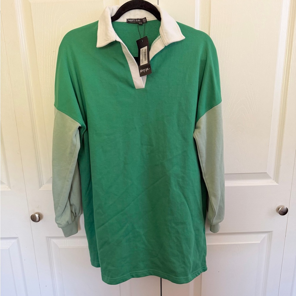 Nasty Gal Green and White Long Sleeve Rugby Dress